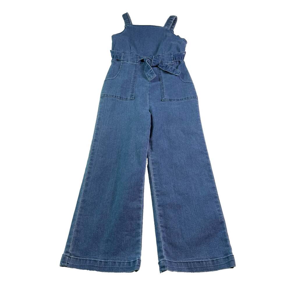 NWOT Copper Key Girls Denim Jumpsuit Sz 8 Blue Wide Leg Zip Back Belted Pockets